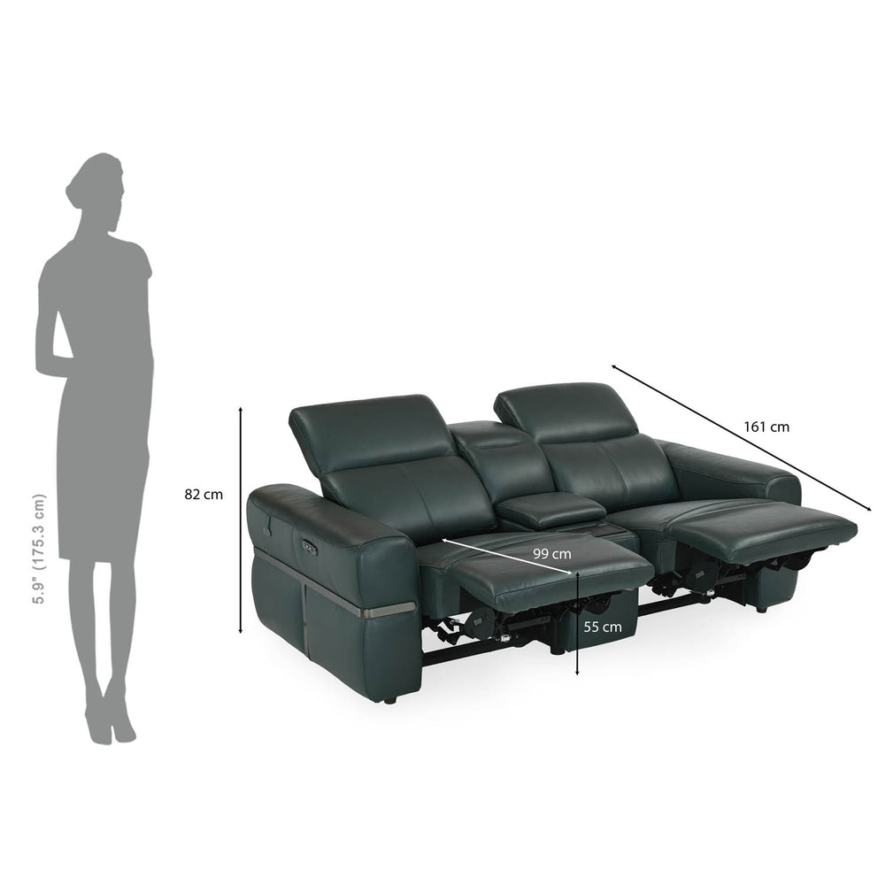 Castel 2 Seater Leather Electric Sofa Recliner with Storage Console- Green