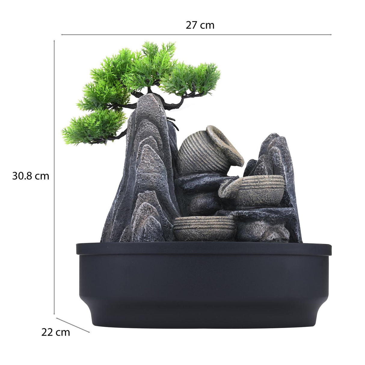 Tree and Three Pots Polyresin Decorative Table Top Water Fountain with LED Light- Grey
