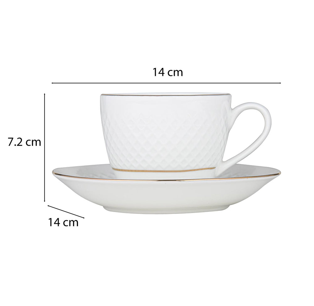 Classic Gold Rim Porcelain Cup and Saucer Set of 6- White and Gold