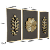 Decorative Three Piece Leaf and Floral Panel Wall Décor- Brown and Gold