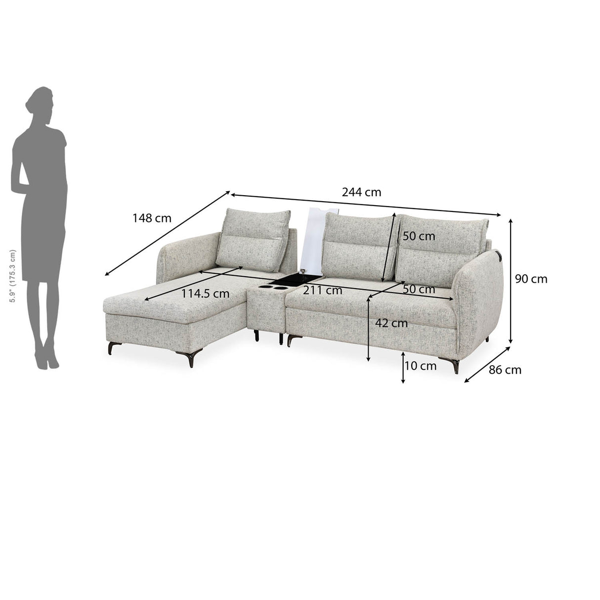 Infinia 3 Seater Fabric Sofa with Left Lounger and Rectangle Console- Off White