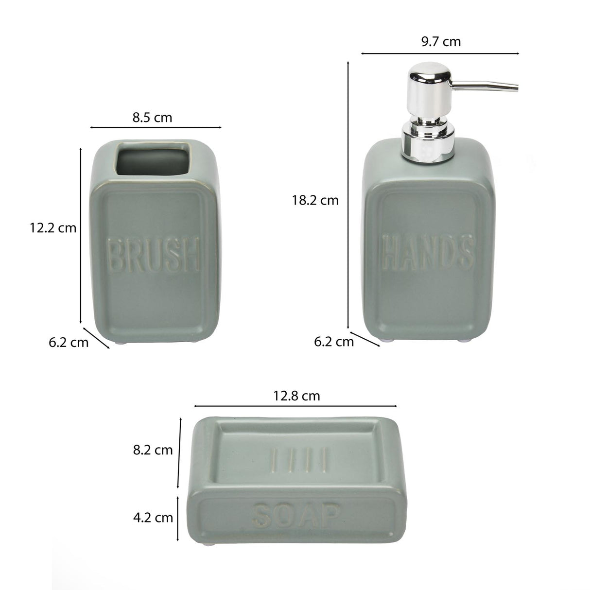 Square Stoneware Bath Accessories Set of 3- Green