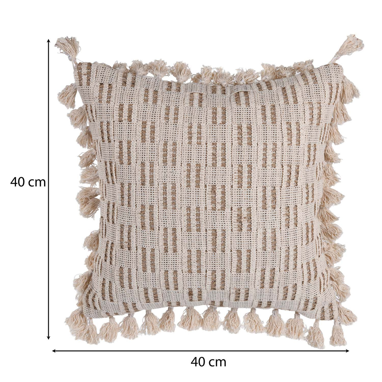 Checks Embroidered Cotton & Polyester 16" x 16" Cushion Cover- Beige & Brown