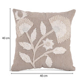 Floral Embroidered Cotton & Polyester 16" x 16" Cushion Cover- Beige