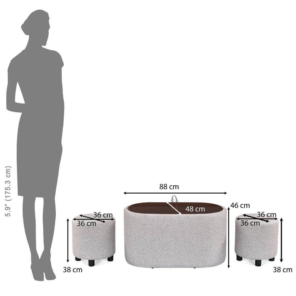 Dennis Center Table with Storage and 2 Poufs- Grey