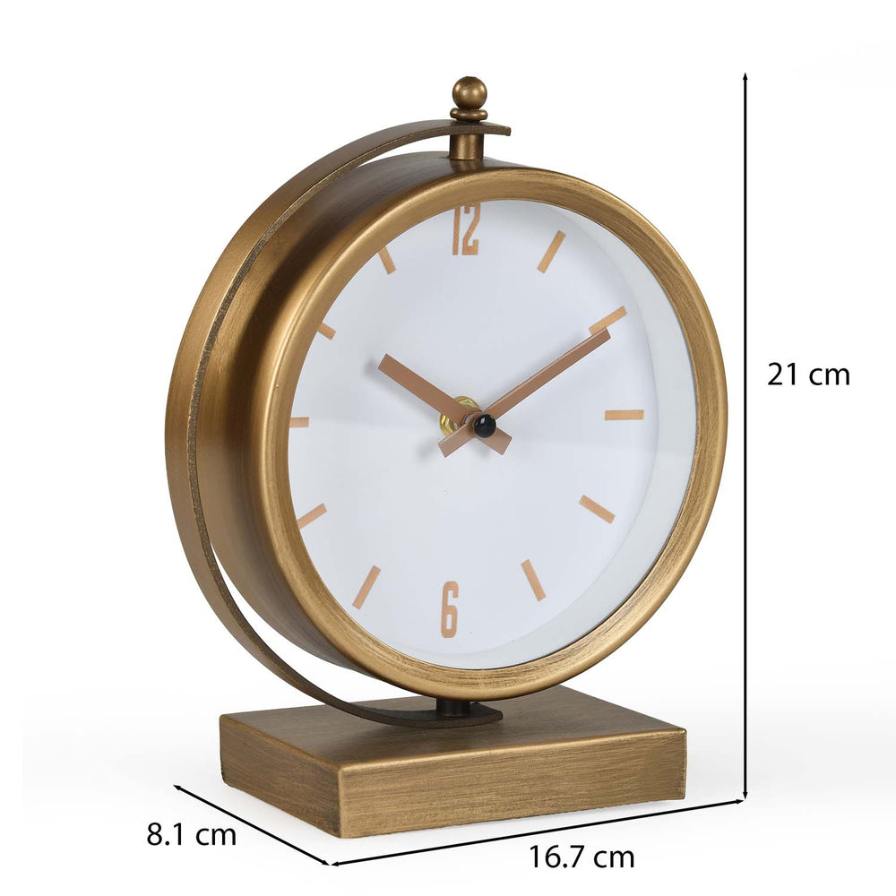 C-Shaped Stand Metal Table Clock- Gold & White