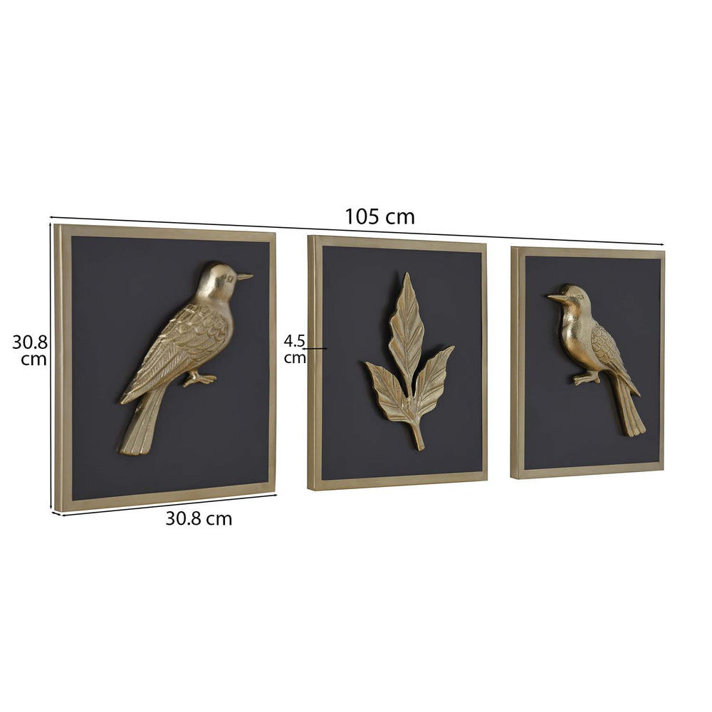 Birds and Leaf Metal & MDF Wall Art Set of 3- Gold & Brown