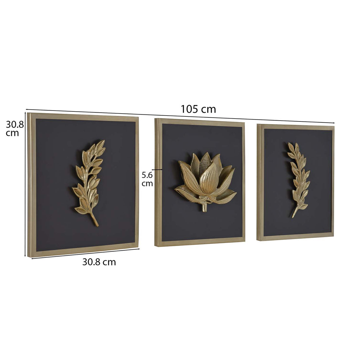 Lotus Metal & MDF Wall Art Set of 3- Gold & Brown