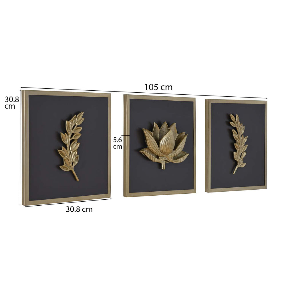 Lotus Metal & MDF Wall Art Set of 3- Gold & Brown