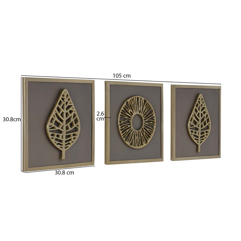 Modern Leaf Metal & MDF Wall Art Set of 3- Gold & Cream