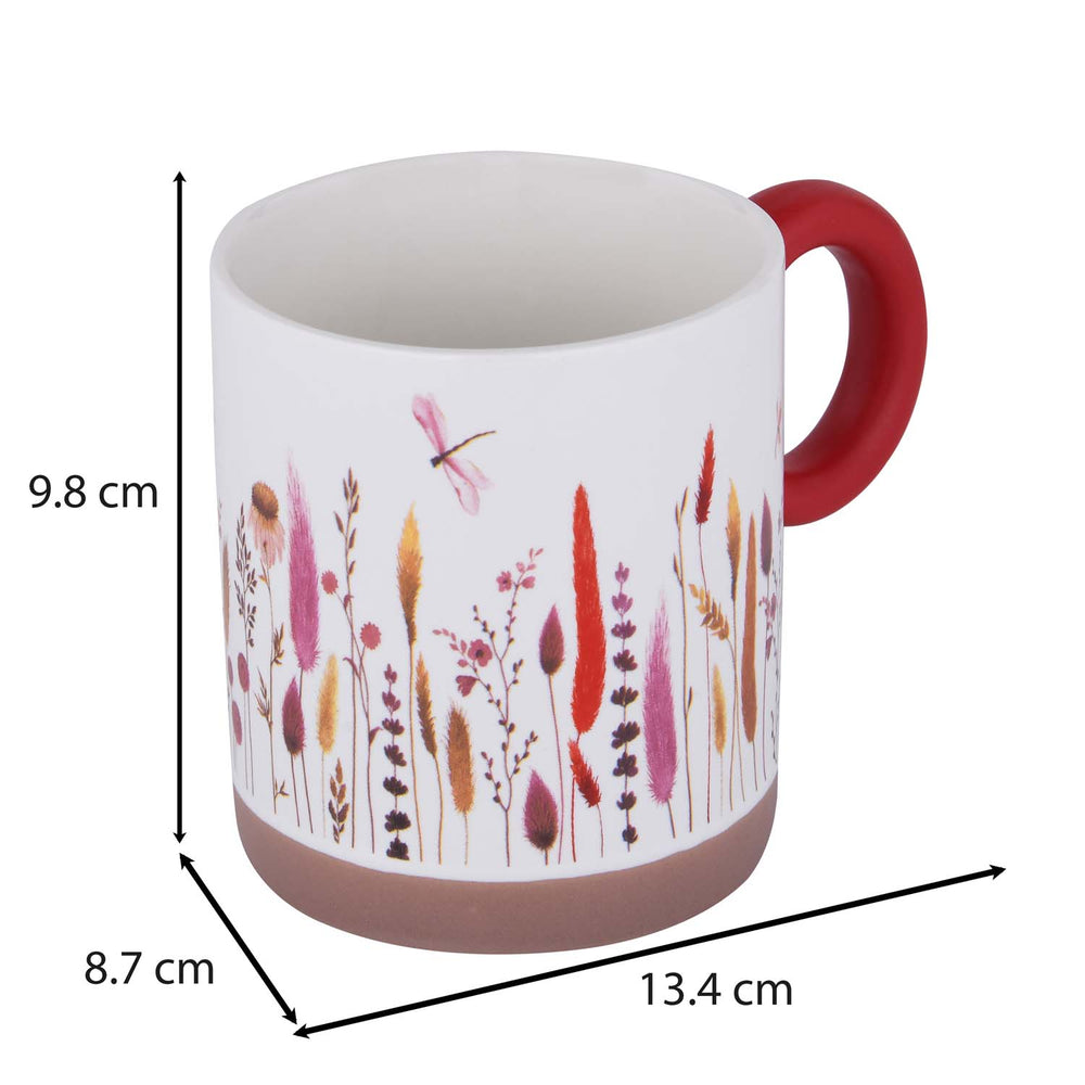 Floral Design 420 ml Round Handle Ceramic Coffee Mug- Red