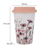 Floral Design 420 ml Ceramic Coffee Mug with Lid- Pink