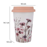 Floral Design 420 ml Ceramic Coffee Mug with Lid- Pink