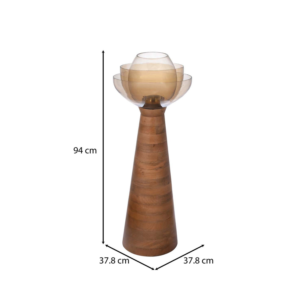 Decorative Glass & Wooden Candle Holder- Gold & Brown, Large