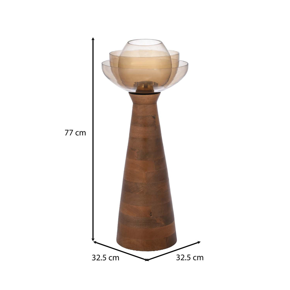 Decorative Glass & Wooden Candle Holder- Gold & Brown, Small