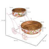 Floral Wooden and Metal Serving Cart with 2 Bowls- Pink