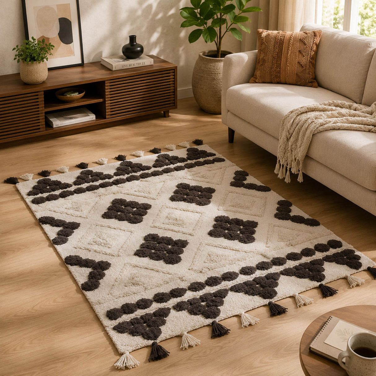 Rhombus Cotton 120 x 180 cm Rug- Beige & Brown