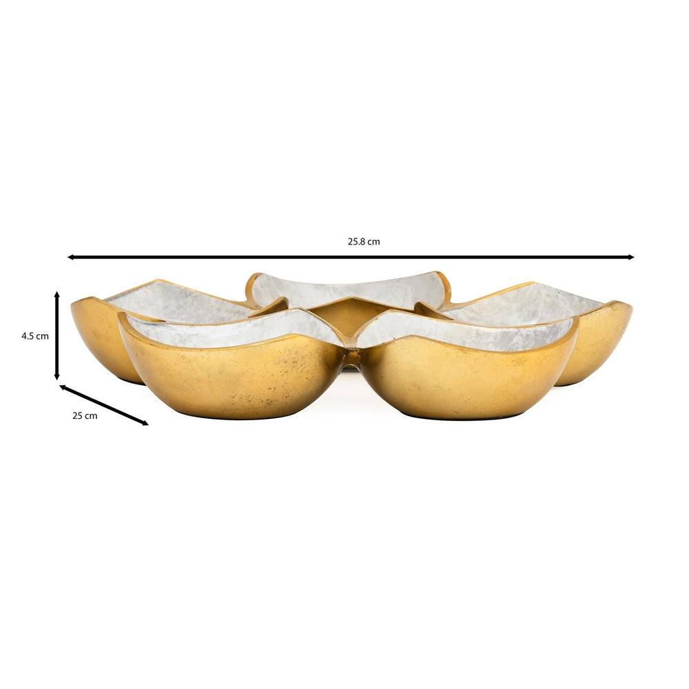 Five Bowls Round Serving Platter- White & Gold
