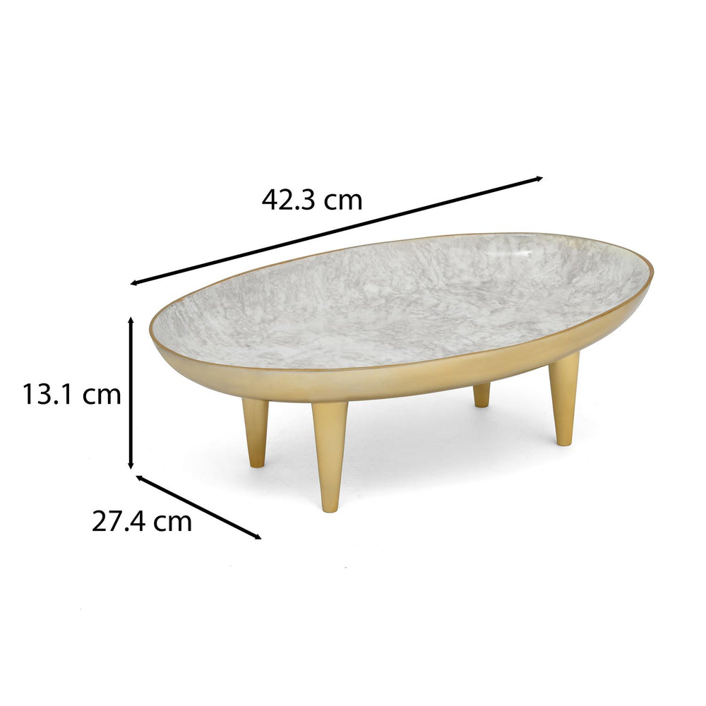 Oval Serving Plate with Legs- Small, White & Gold