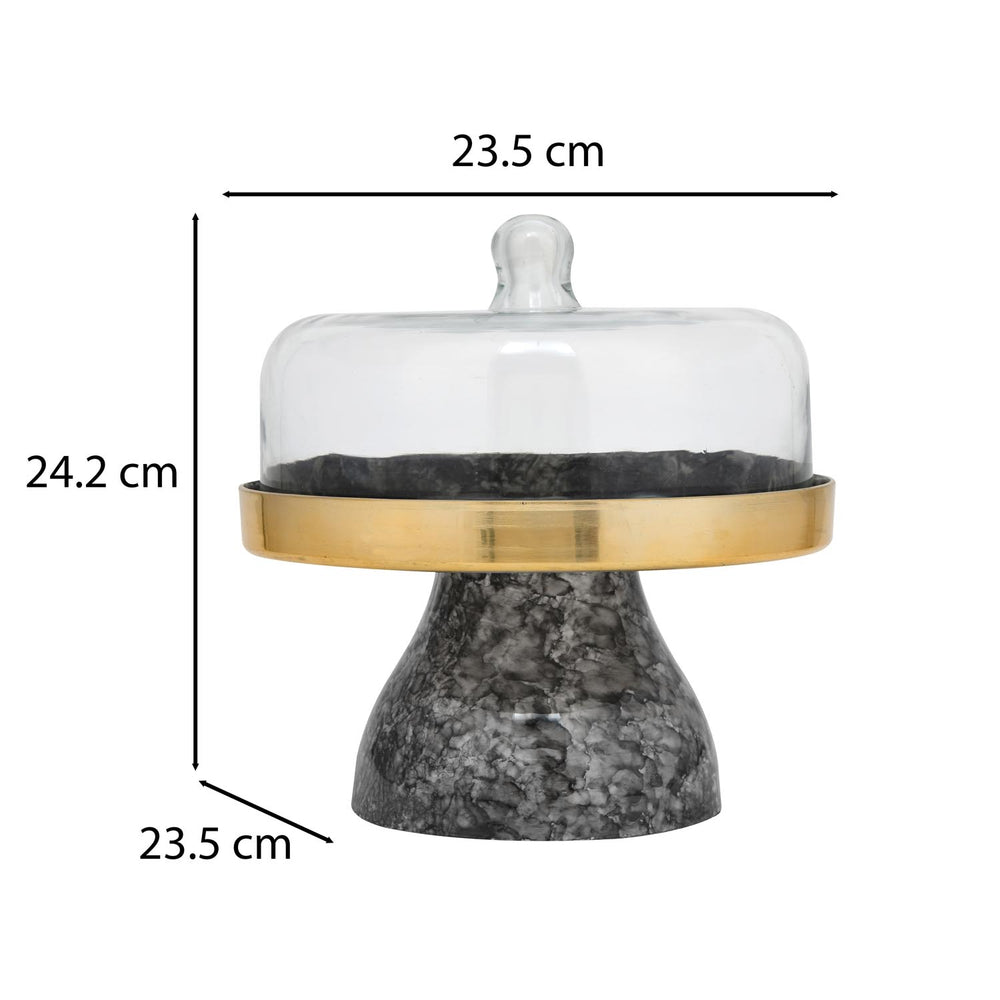 Metal Cake Stand with Glass Dome- Small, Black & Gold