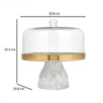 Metal Cake Stand with Glass Dome- Large, White & Gold