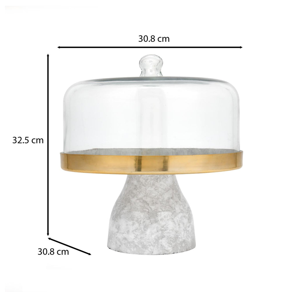 Metal Cake Stand with Glass Dome- Large, White & Gold