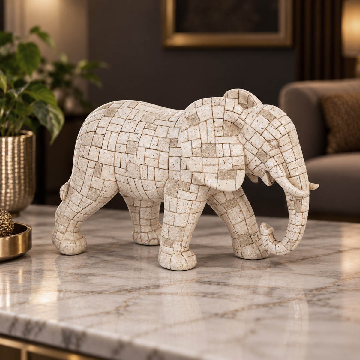 Urban Safari Elephant Mosaic Showpiece- Beige