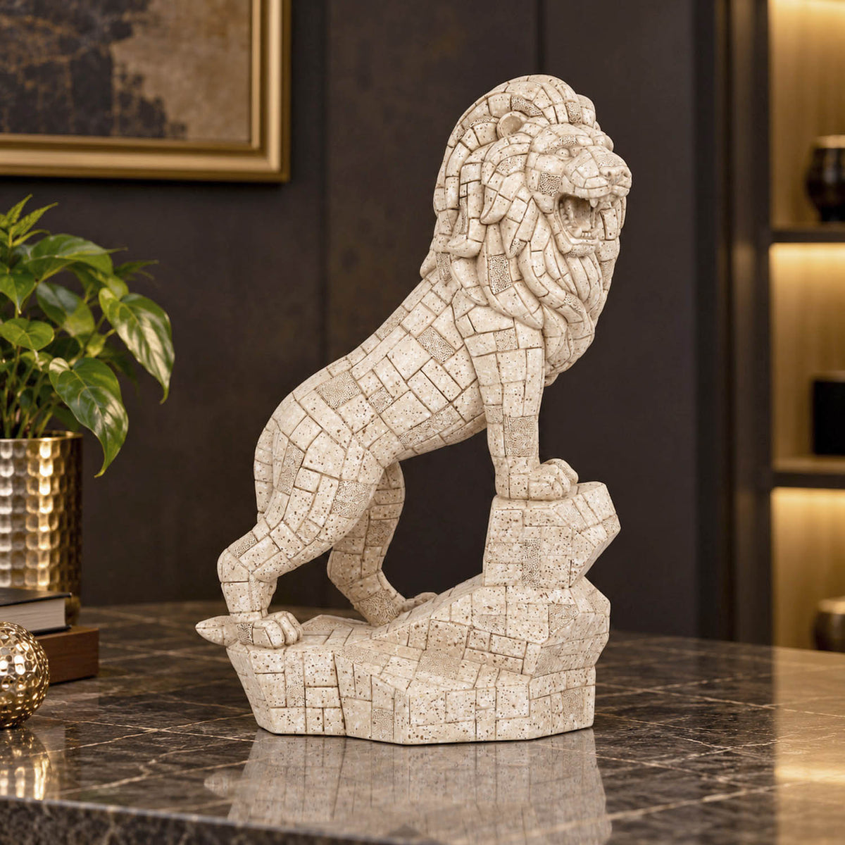 Urban Safari Lion Mosaic Showpiece- Beige