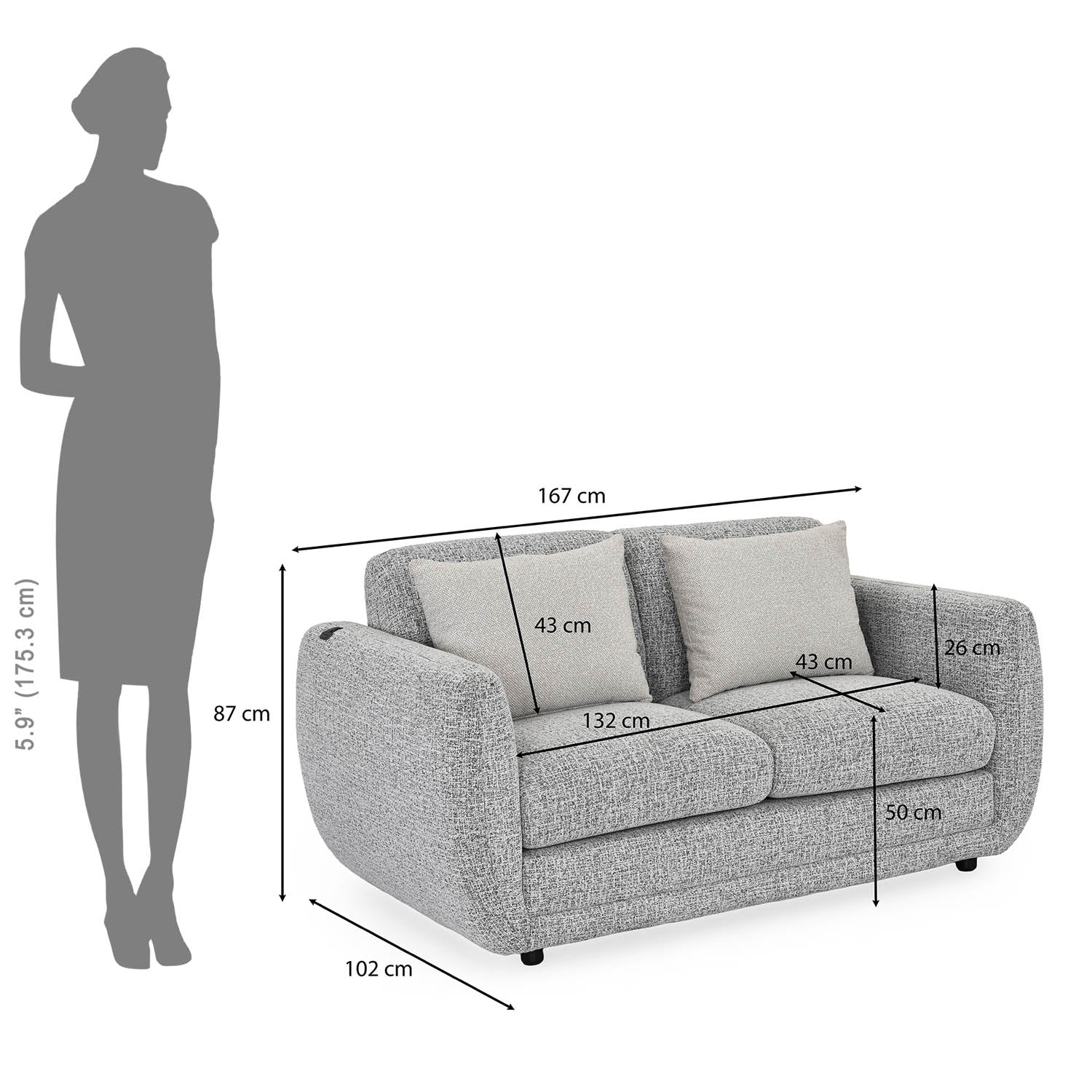 Nestivo 2 Seater Fabric Sofa- Texture Grey