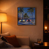 Cars on Palm road Canvas Painting with LED Light- Blue