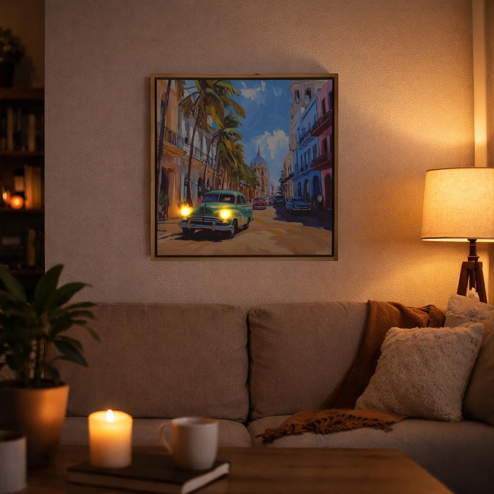 Car on Street Canvas Painting with LED Light- Multicolor