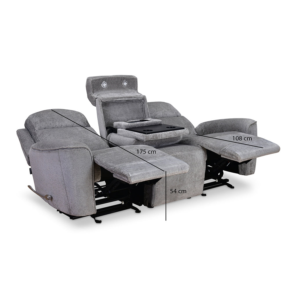 Favian 3 Seater Recliner Sofa With Dropdown Console- Grey