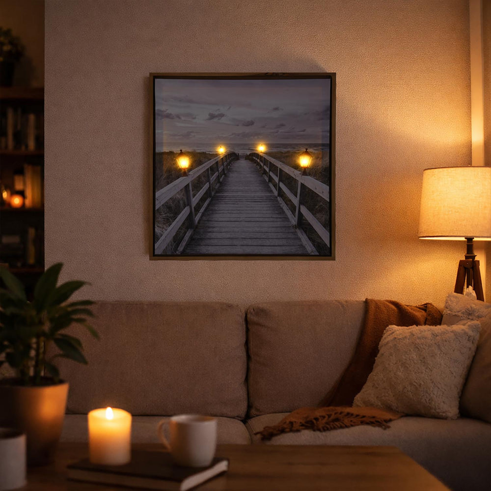 Wooden Bridge Canvas Painting with LEd Light- Brown