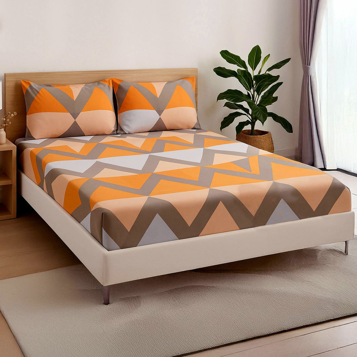 Ammara 90 GSM Polyester Double Bedsheet with 2 Pillow Cover- Blue and Mustard