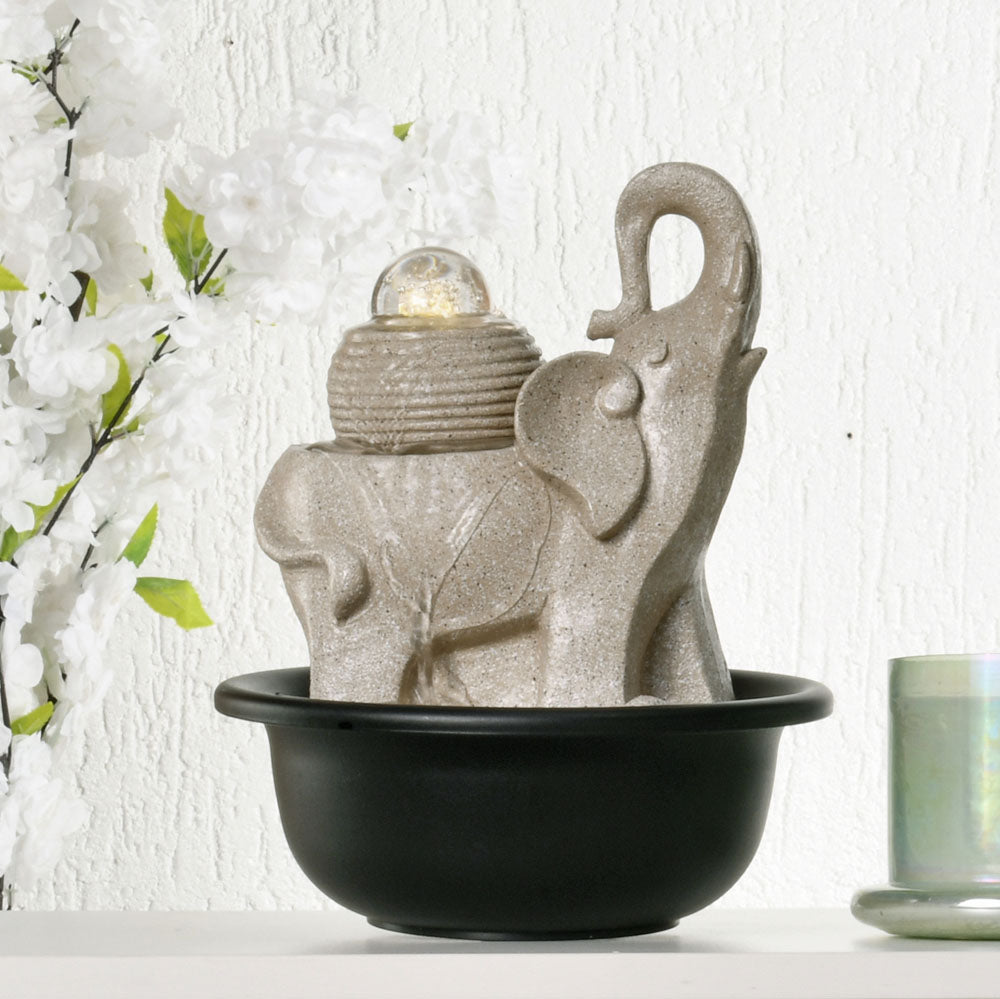 Elephant Polyresin Table Top Decorative Water Fountain with LED Light- Sand
