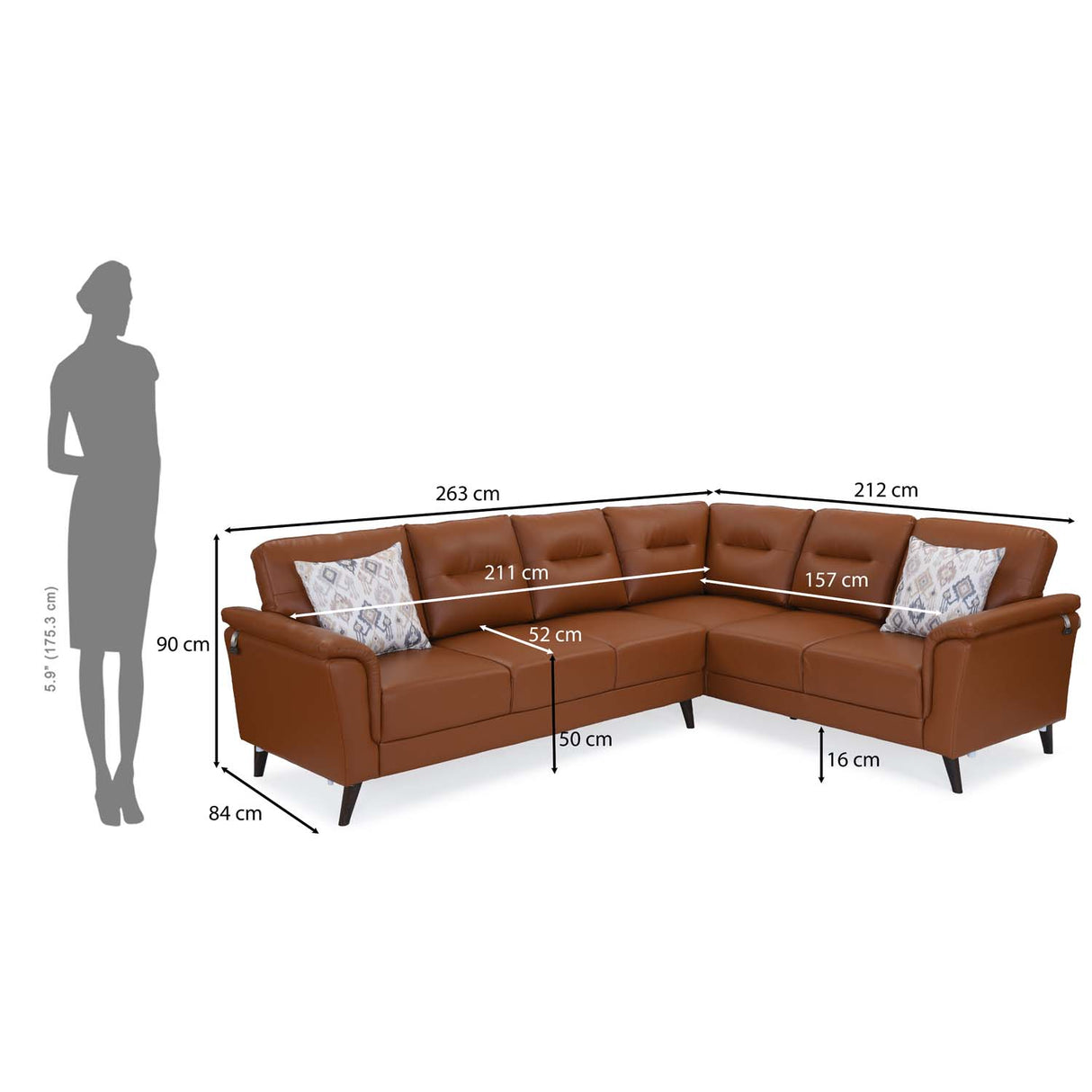Aiden Leatherette Corner Sofa- Tan Brown