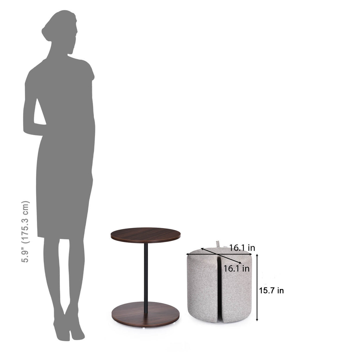 Nicole Side Table with Pouf- Walnut Brown