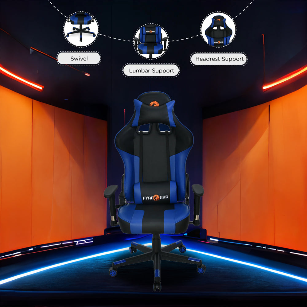 Bosco Leatherette Ergonomic Gaming Chair with Neck & Lumbar Pillow (Black & Blue)