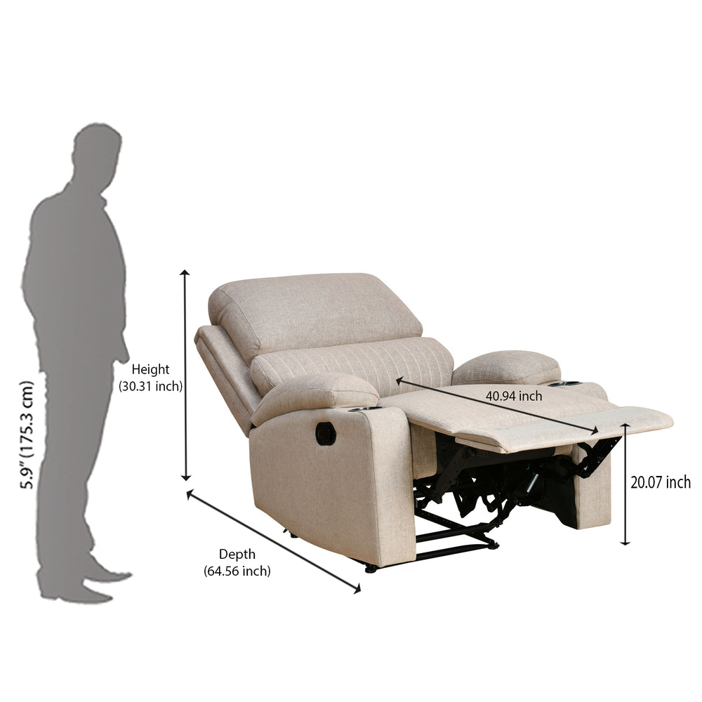 Comfy 1 Seater Fabric Manual Recliner with Cup Holder- Beige