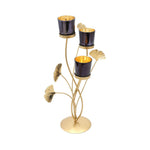 3 Gingko Lotus Metal & Glass Candle Stand- Black & Gold