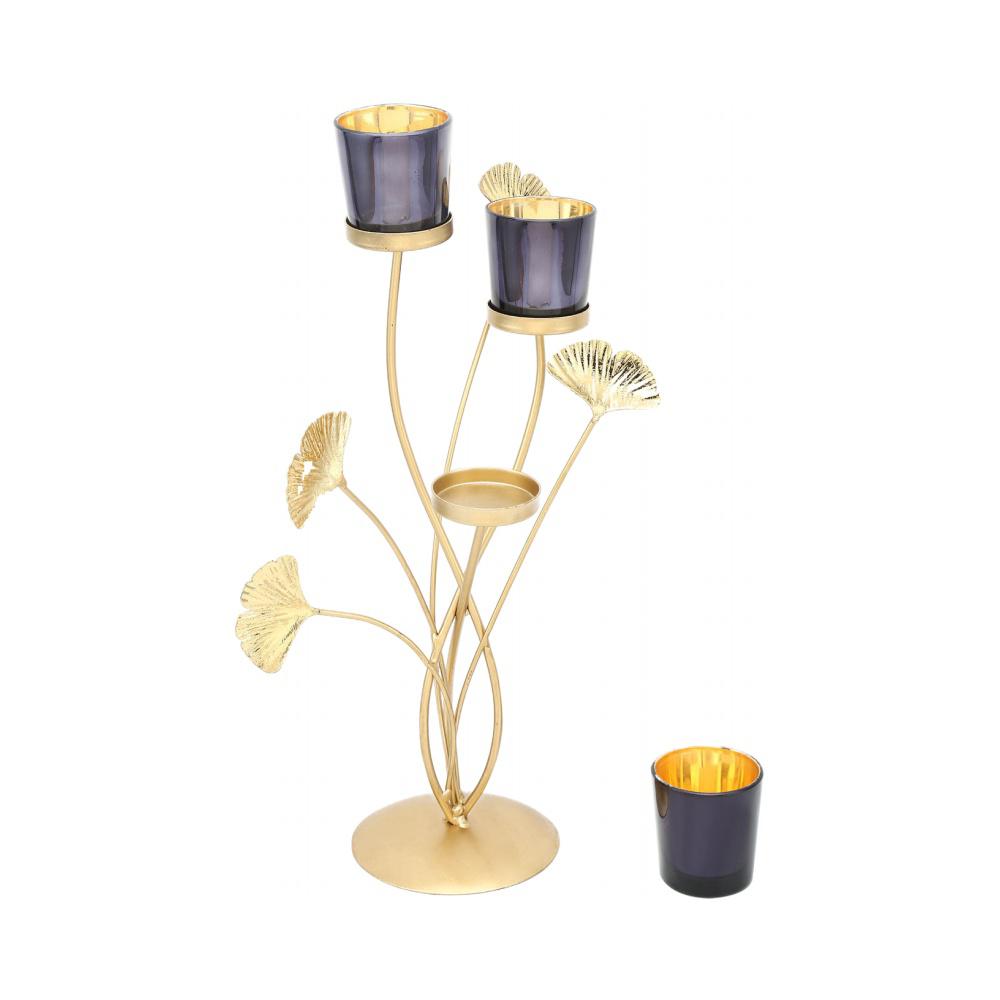 3 Gingko Lotus Metal & Glass Candle Stand- Black & Gold