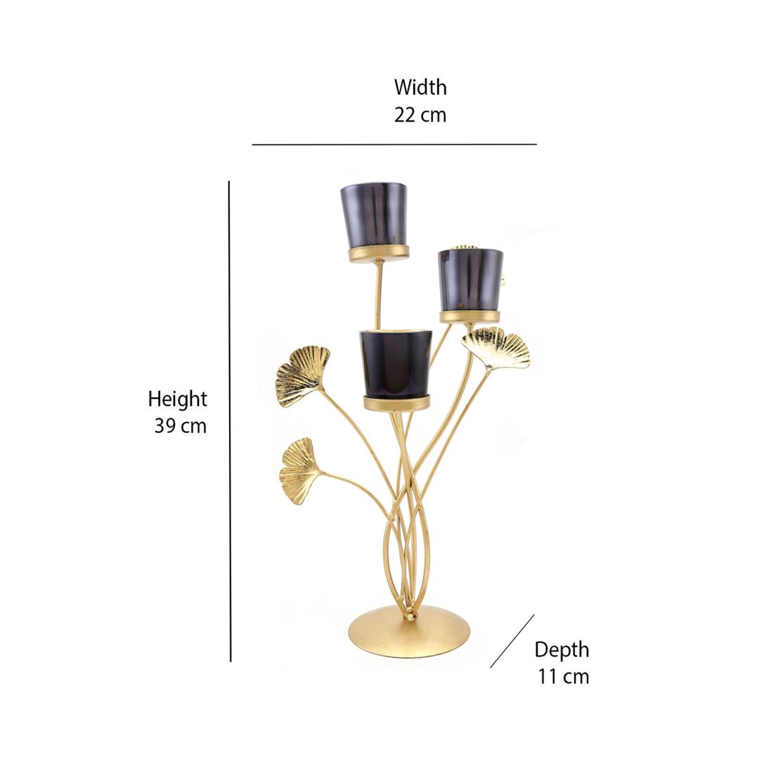3 Gingko Lotus Metal & Glass Candle Stand- Black & Gold