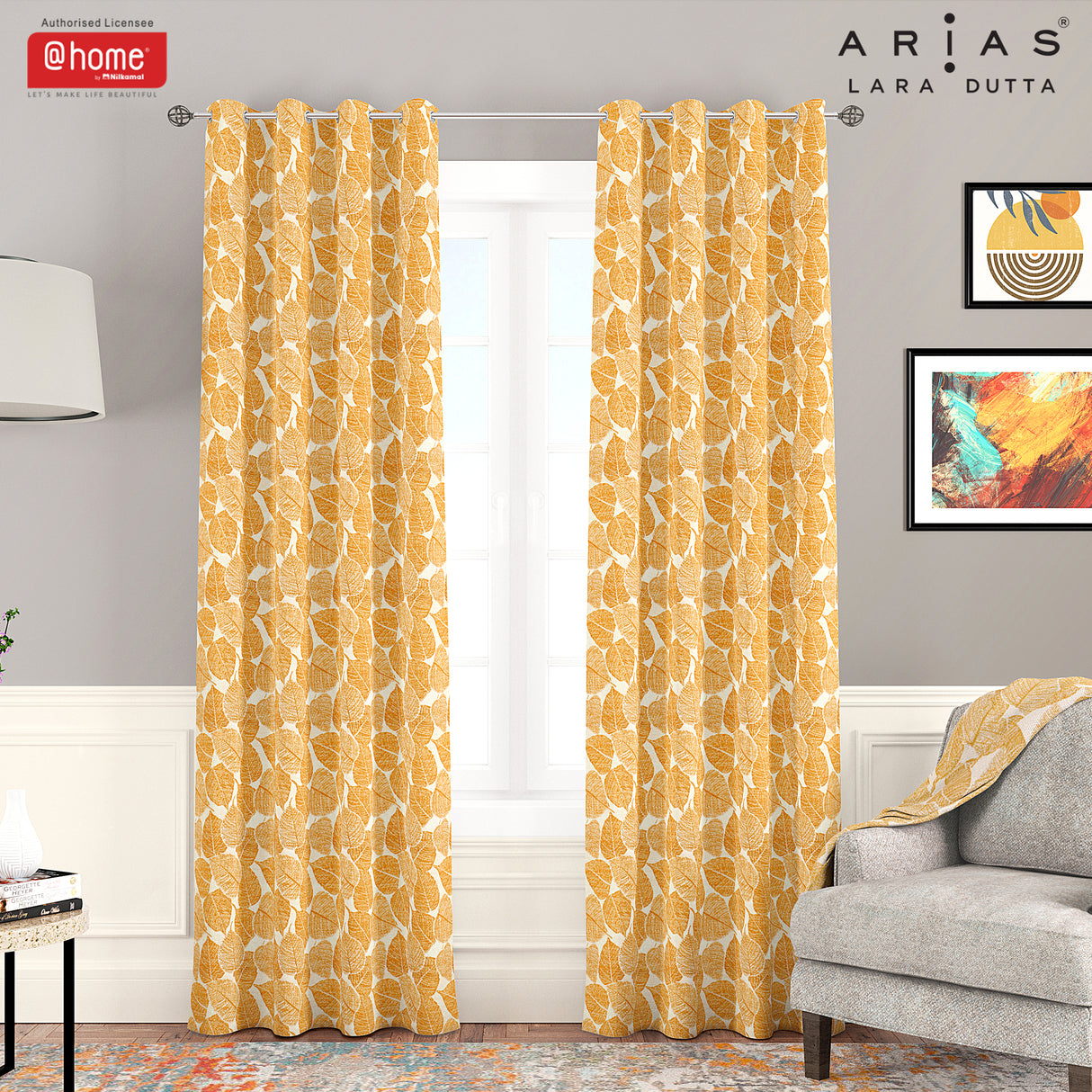 Nilkamal Arias by Lara Dutta Luxuria Jacquard Leaf 7 Ft Polyester Door Curtain Set of 2 (Mustard)