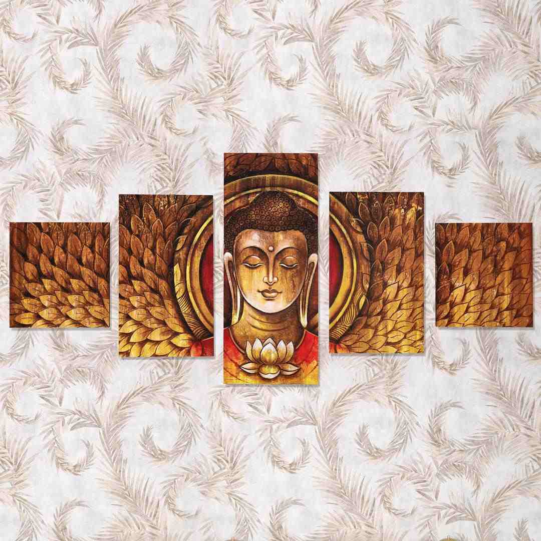 Buddha Mukh Round Painting With 5 Panel- Brown