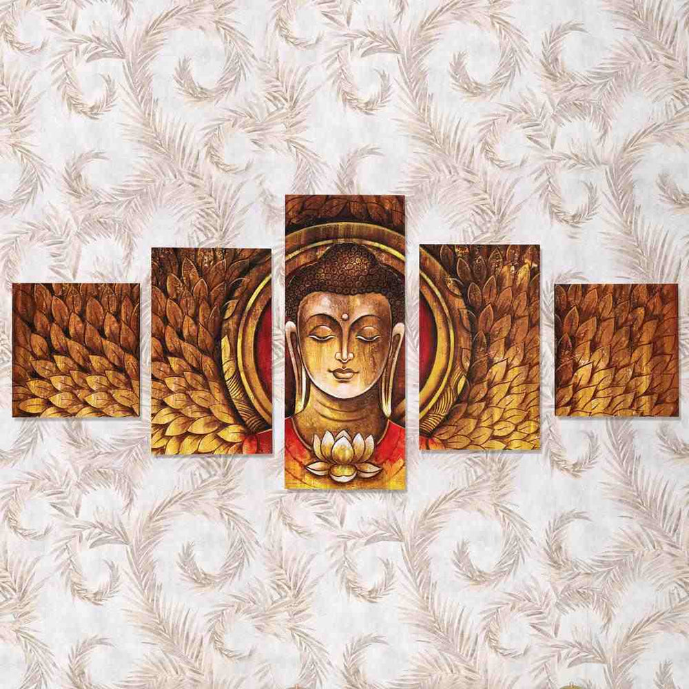 Buddha Mukh Round Painting With 5 Panel- Brown