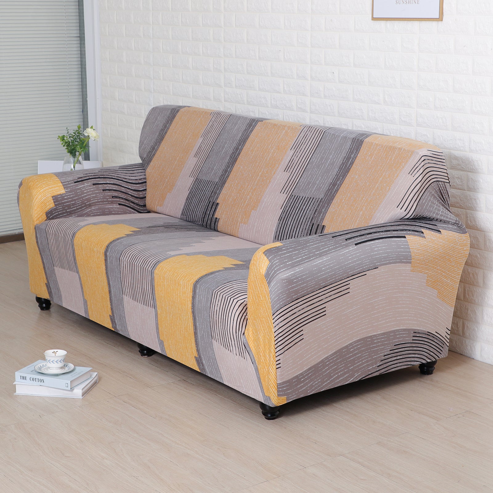 Abstract Elegance Fitted 3 Seater Sofa Cover Mustard & Multicolor
