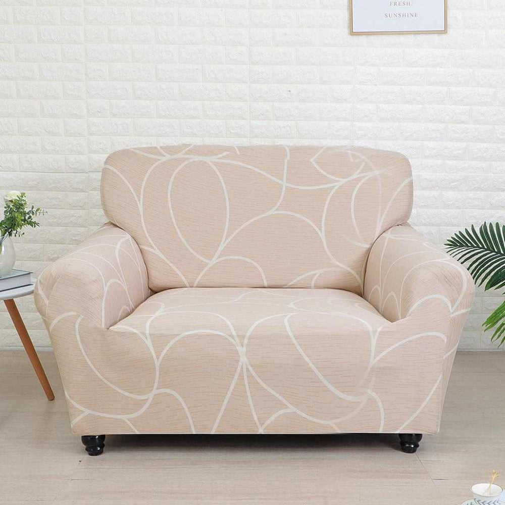 Geometric Elegance Fitted 2 Seater Sofa Cover- Peach & White