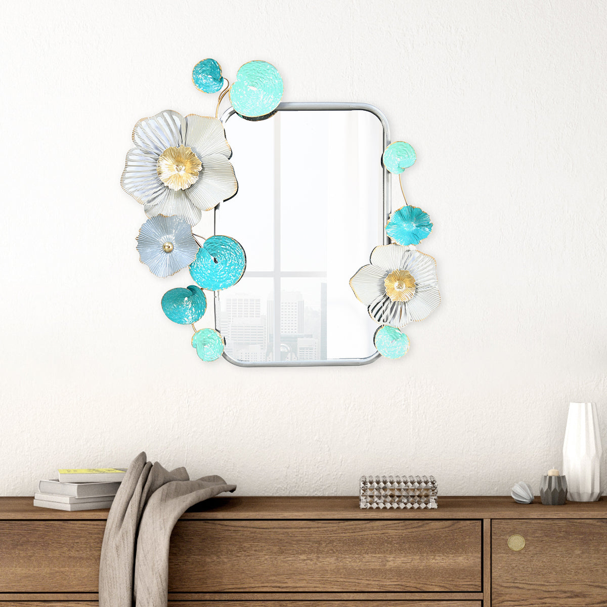 Flora Rectangular Decorative Metal Frame Mirror- Sea Green & Gold