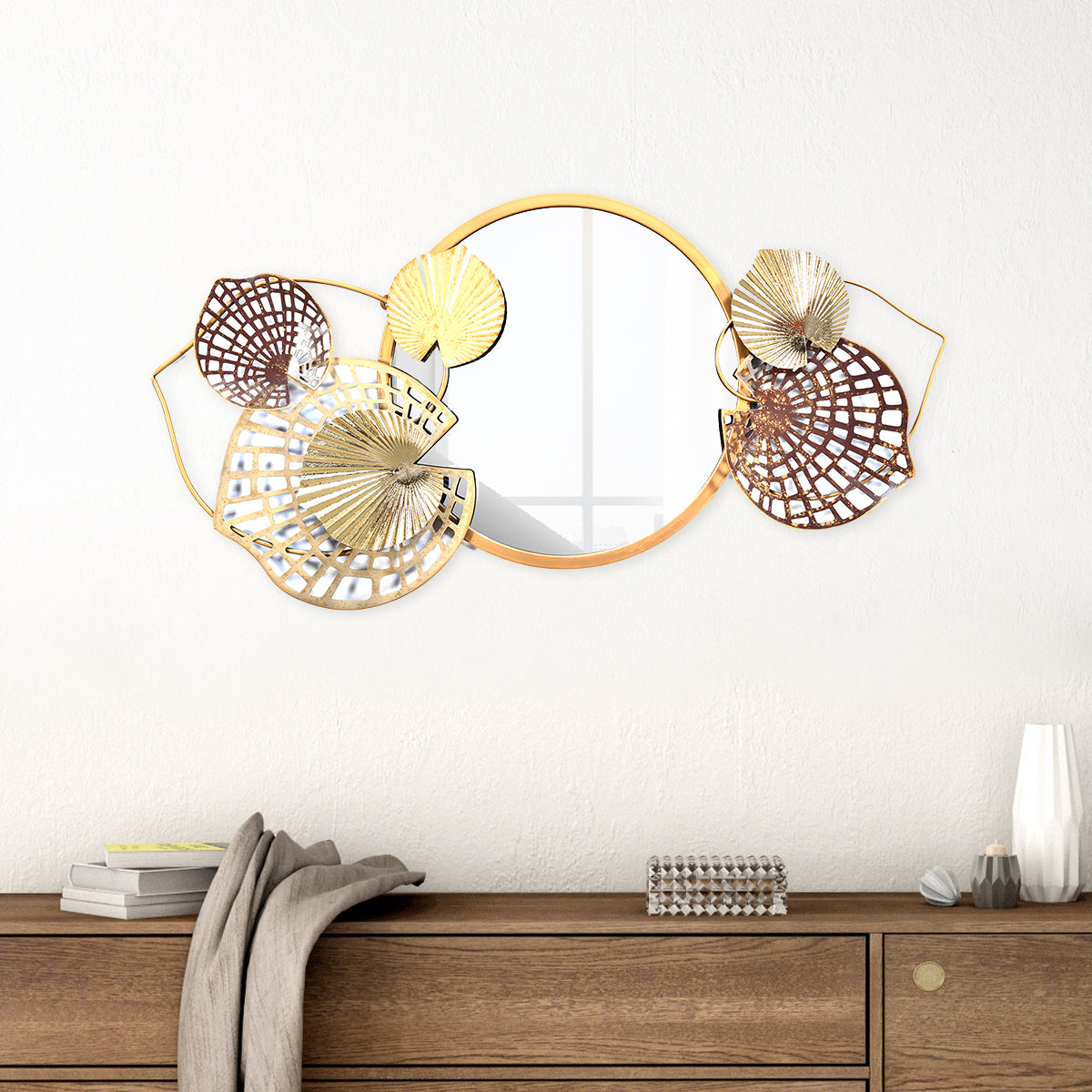 Reflexo Round Decorative Metal Frame Mirror- Brown & Gold