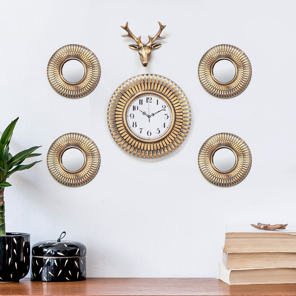 Combo Stag Wall Clock Set Of 6- Gold